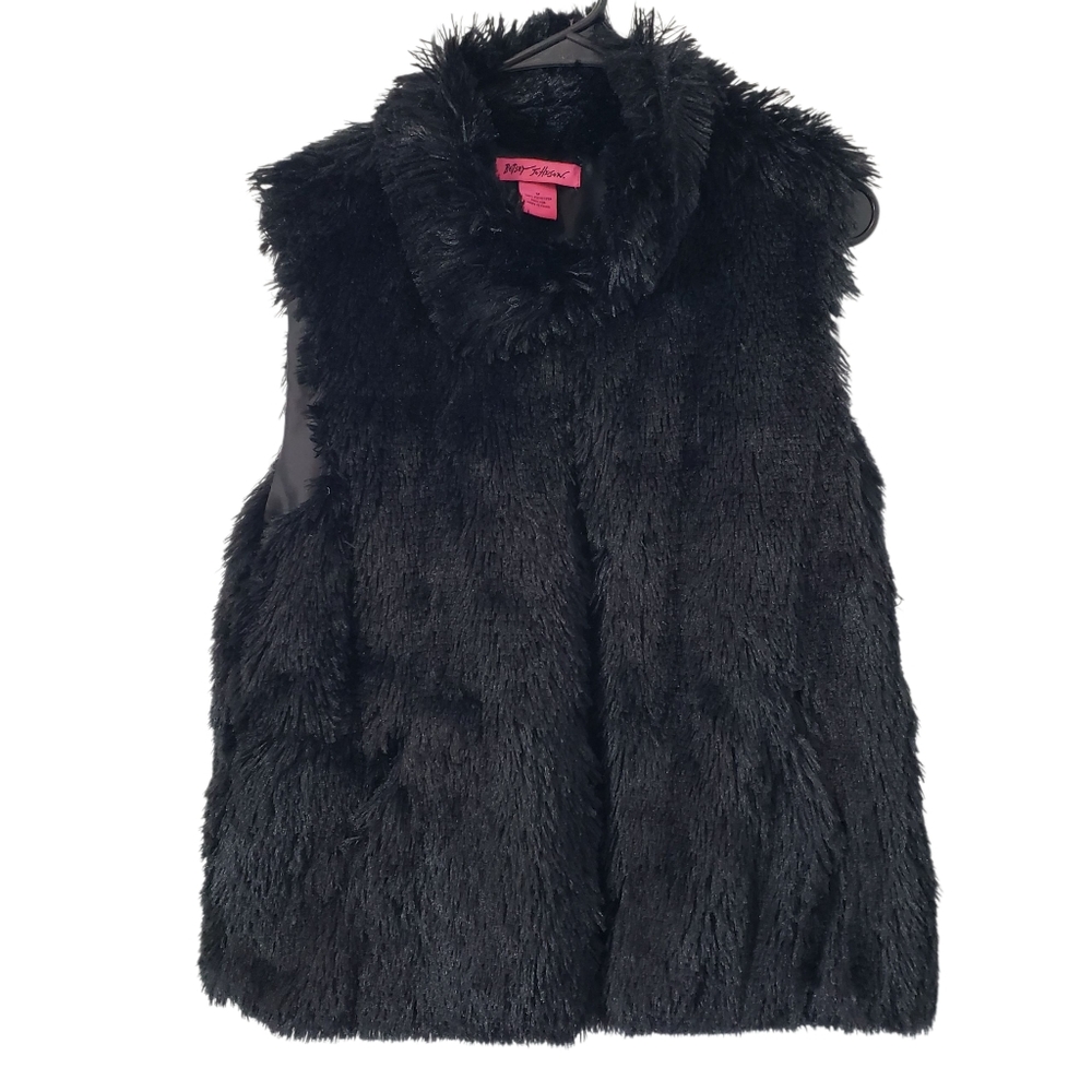 BETSEY JOHNSON Faux Fur Vest Black Lined Festival Pockets‎ Sleeveless Size M